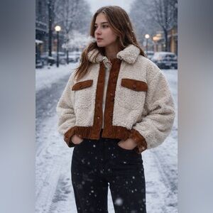 Lush Sherpa Teddy Jacket Cream Brown Corduroy Trim Button Front Cropped Womens